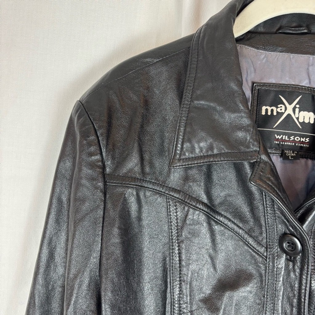 Vintage Maxima Black Leather Jacket Classic Style Hip 2 Pockets Length size L
