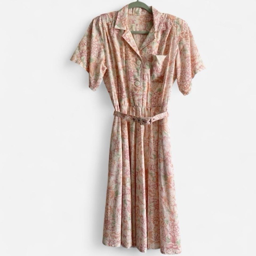 Vintage Floral Shirtwaist Midi Dress Belted Pink Cottagecore Tea Dress