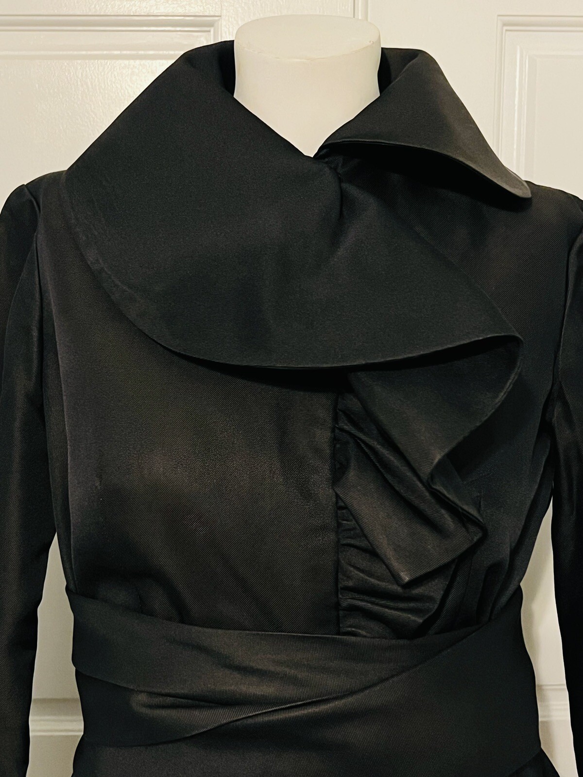 Vintage 1960s Geoffrey Beene Silk Crepe Ruffle Accent Long Sleeve Black Dress M