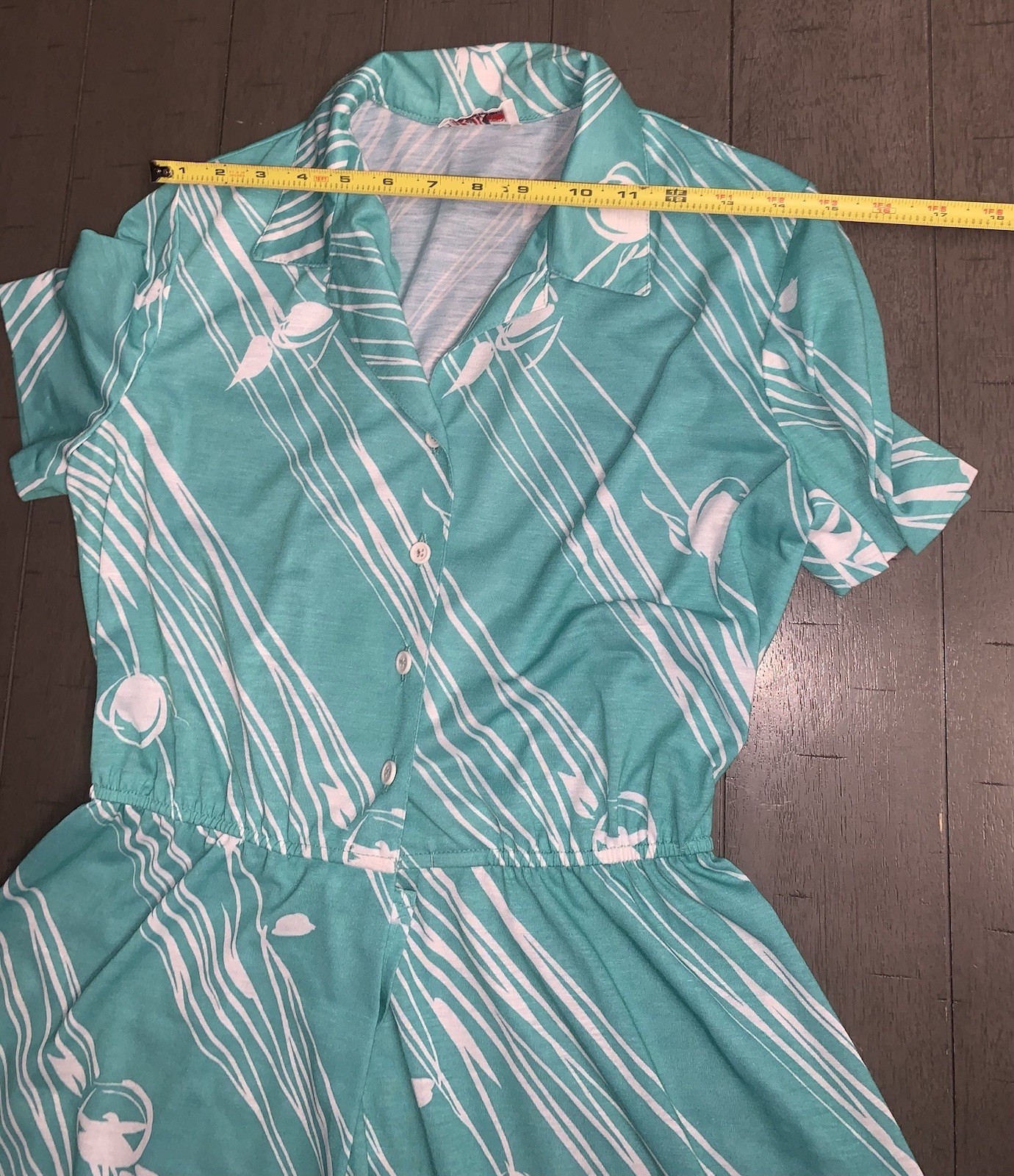A7 VTG 80s R&K ORIGINALS TROPICAL FLORAL AQUA/WHITE SHIRT DRESS 7/8 ROCKABILLY