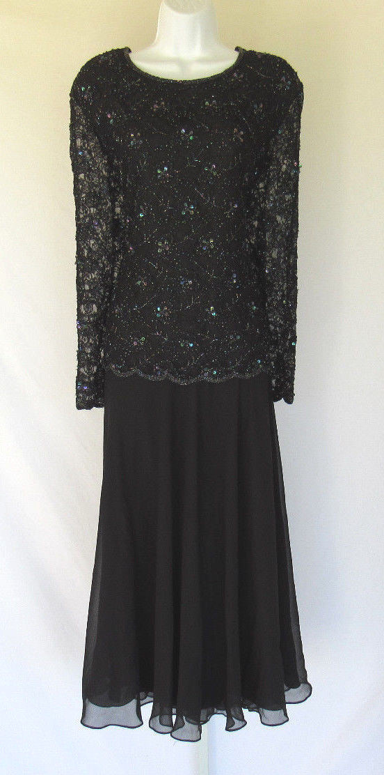 DRESS VINTAGE 1960s 70s NEIMAN MARCUS SEQUIN BEADED DRESS BLACK POLY CHIFFON