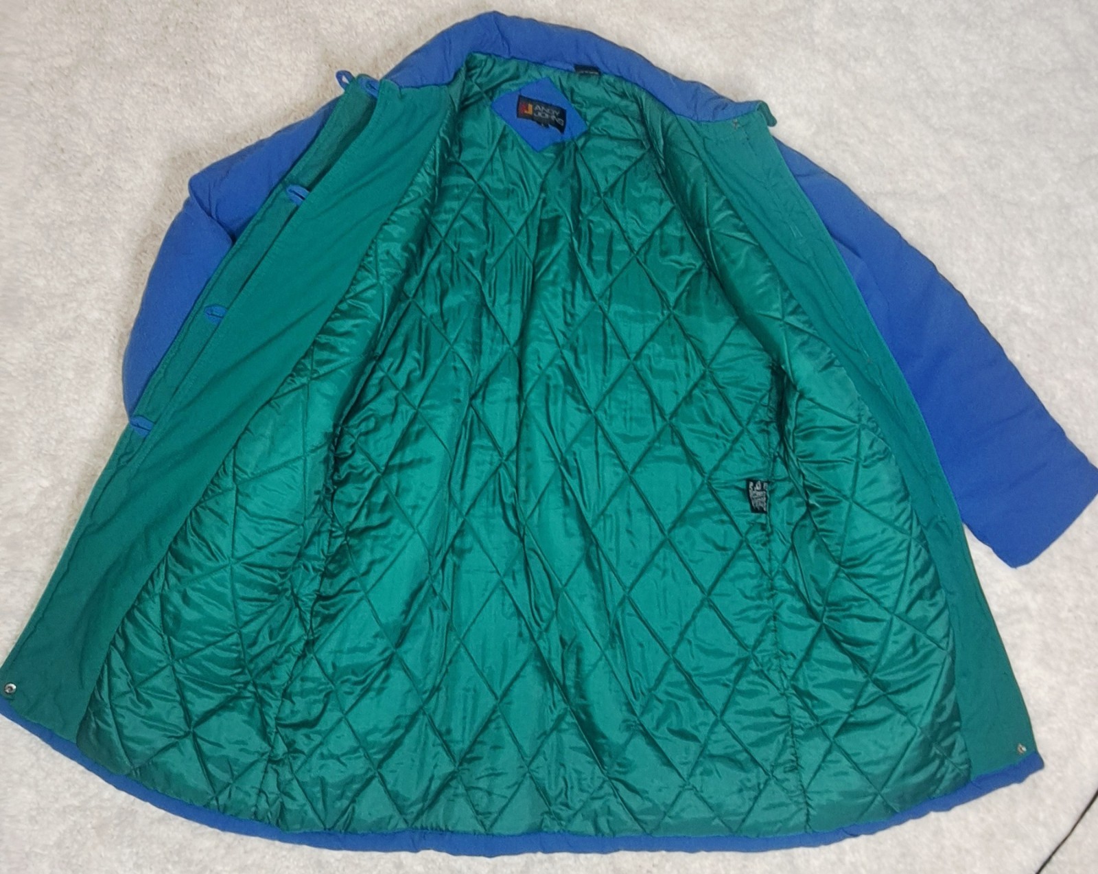 Vintage 80s Andy Johns Retro Blue Green Long Jacket Coat Duster Women’s Large L
