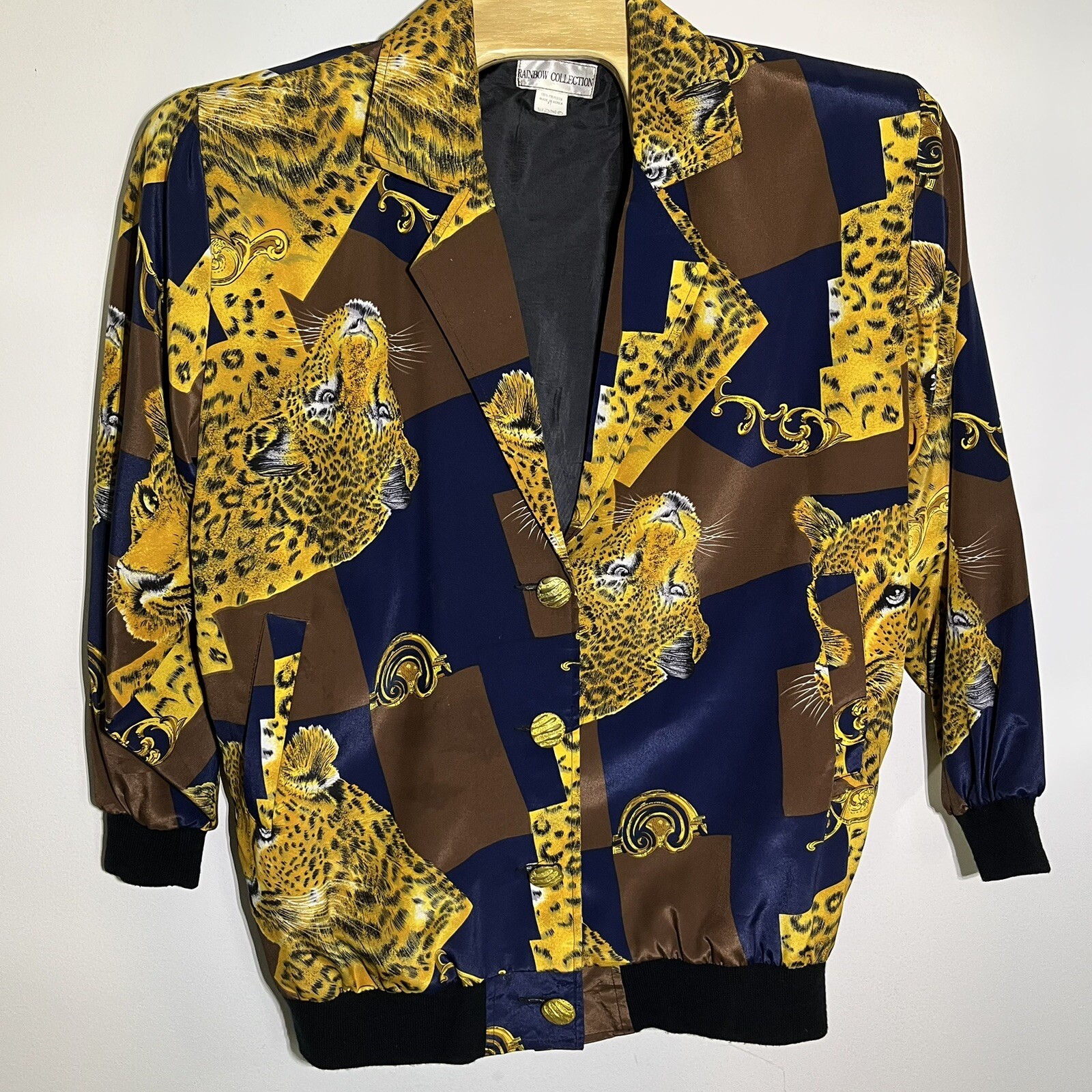 Vintage 90’s 3X Navy Cheetah Gold Button Blazer Jacket Art Rainbow Collection