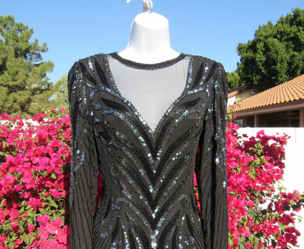 VTG A.J. BARI BLACK SILK SEQUIN BEADED DRESS SIZE 8 RAYON INNER LINING