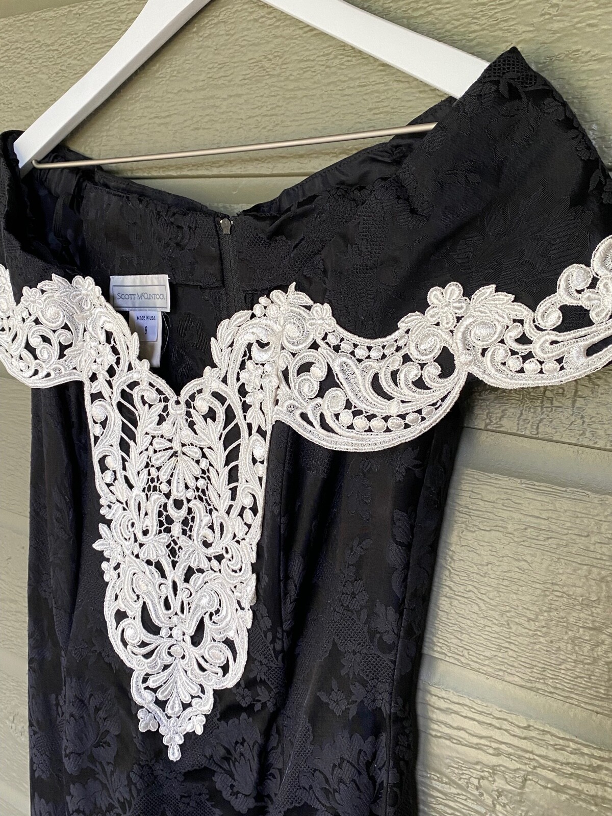 Vintage Scott McClintock Formal Prom Dress Off Shoulder Black w/ White Lace Sz 8