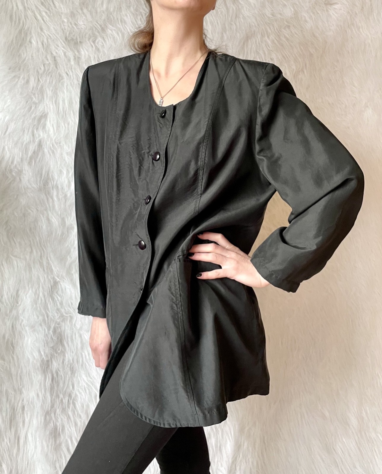 Vtg 80s Jacket 100% Silk Black Jacket Bold Shoulders European Fashion Minimalism