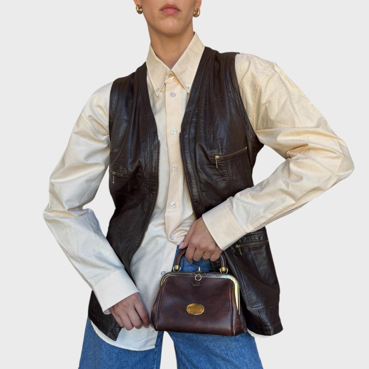 Vintage Brown Leather Vest Italian 90s Brown Zip-Up Waistcoat size US6 /EU 38