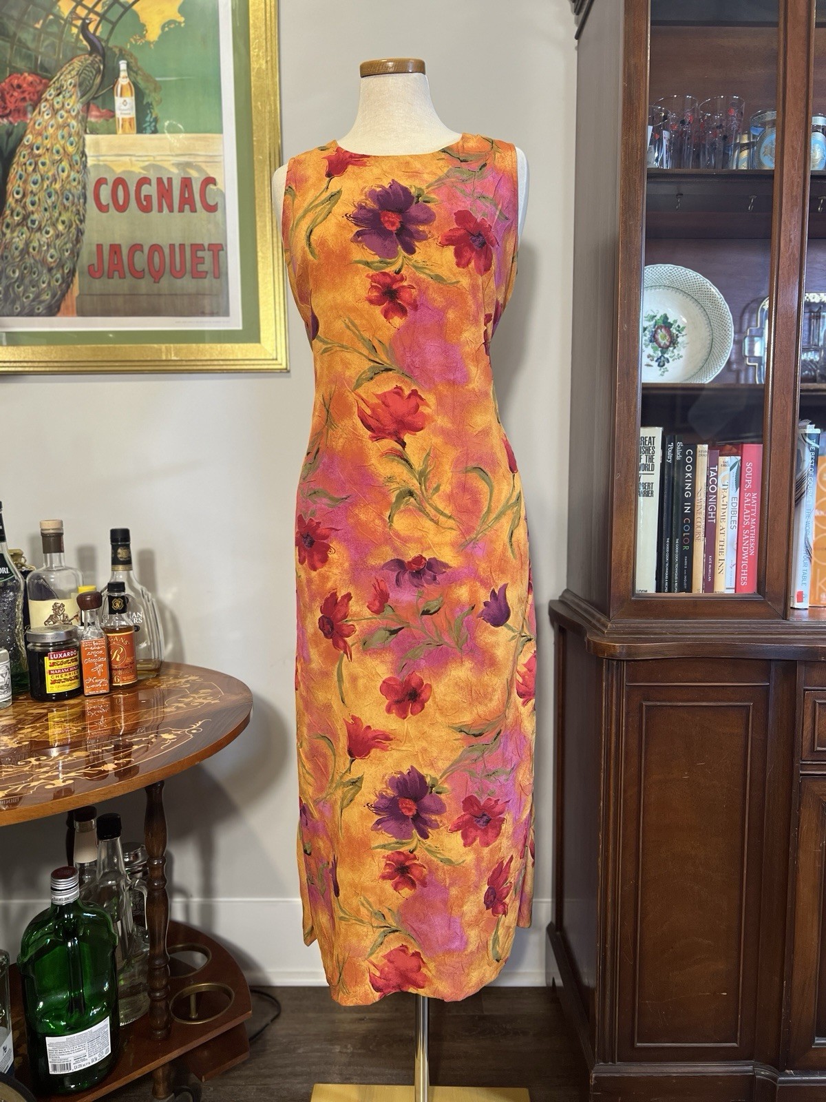 Vintage 1990s Bright Floral Crepe Sleeveless Maxi Dress