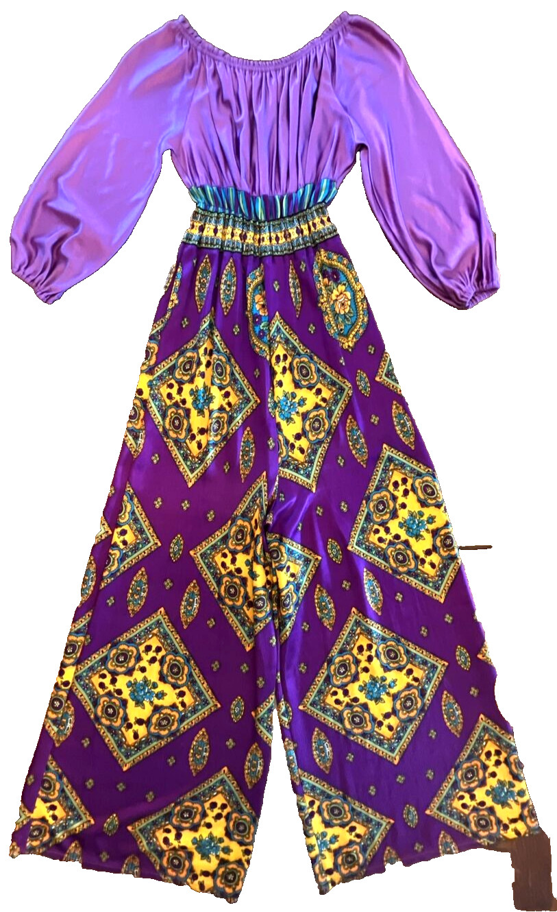 VTG 60s JUMPSUIT BELL BOTTOM FESTIVAL HIPPIE DISCO GROOVY Psychedelic PURPLE S/M