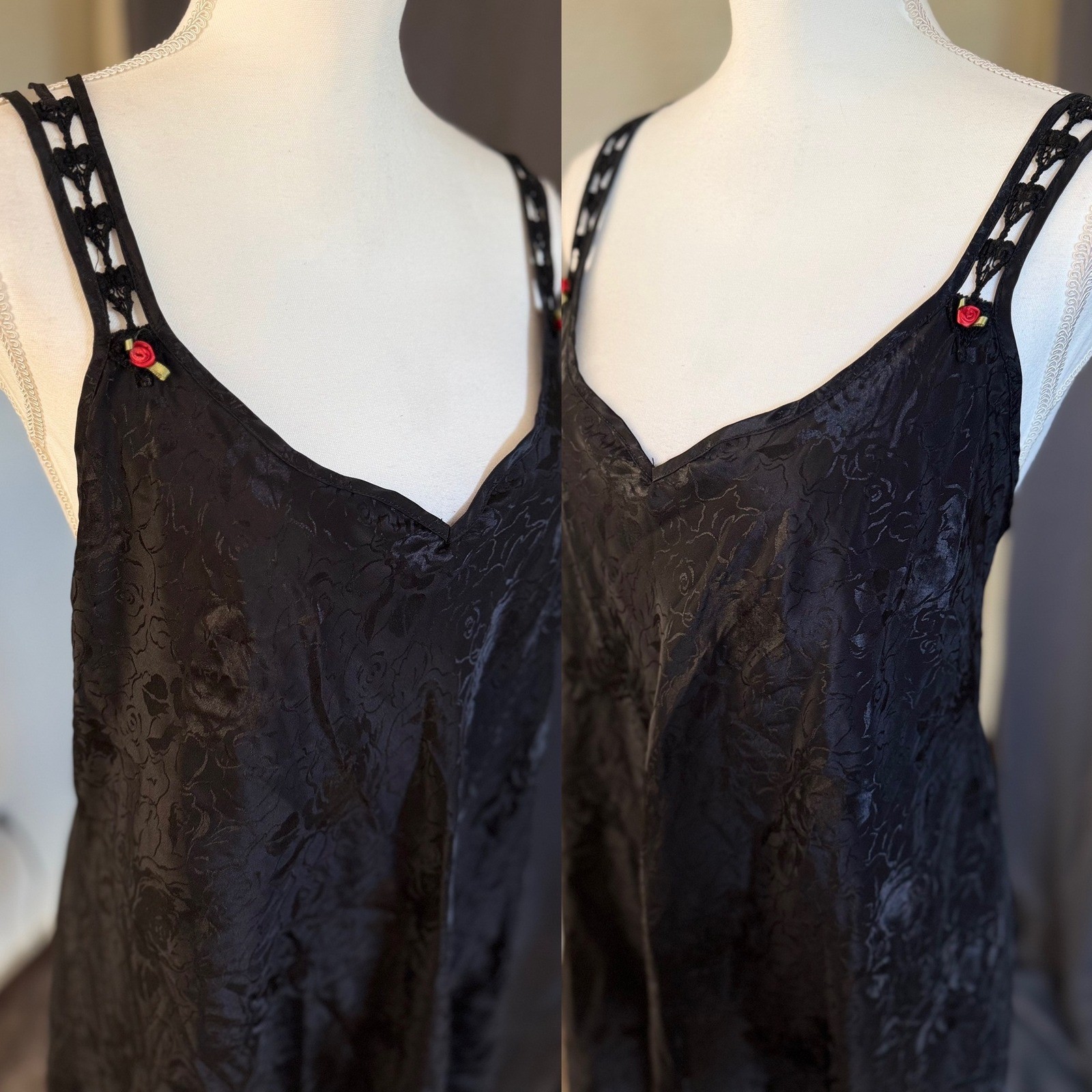 Vintage Expressions by California Black Floral Satin Slip Dress Strappy Back
