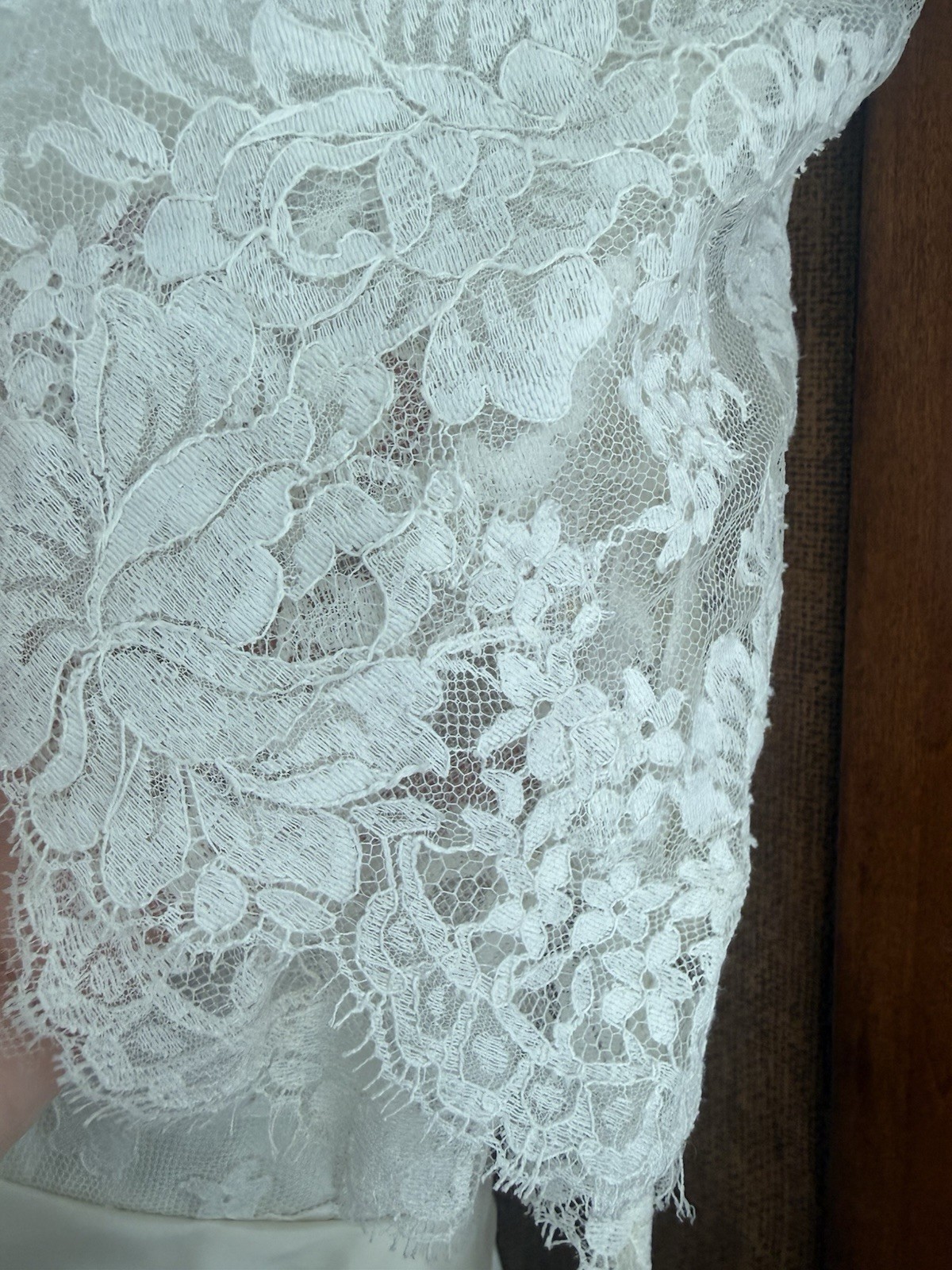 VTG 50s Wedding Dress Cream Lace Bodice Short Sleeve 28” Waist Bow Button Back