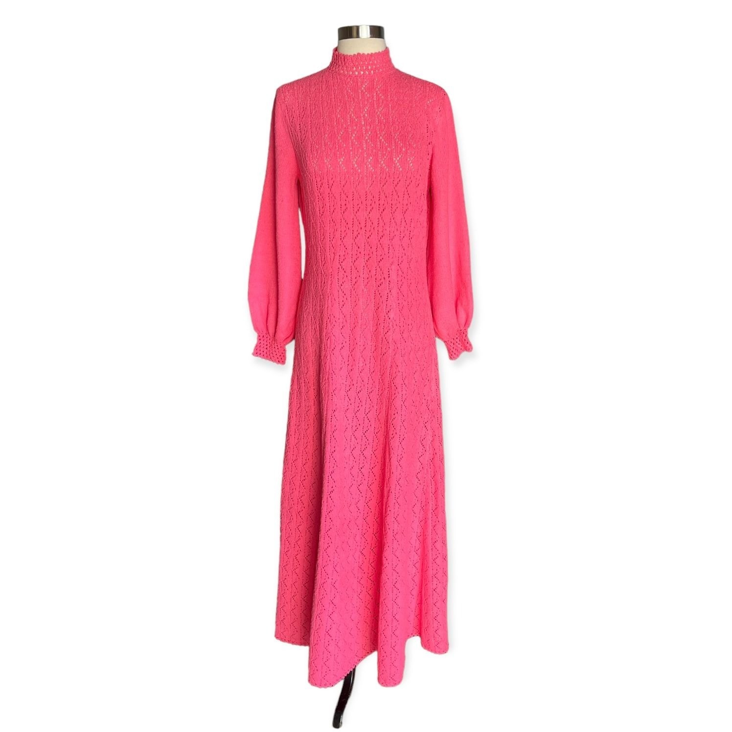Vintage 60’s 70’s Pink Pointelle Lace Knit Maxi Dress Mod Twiggy Retro M