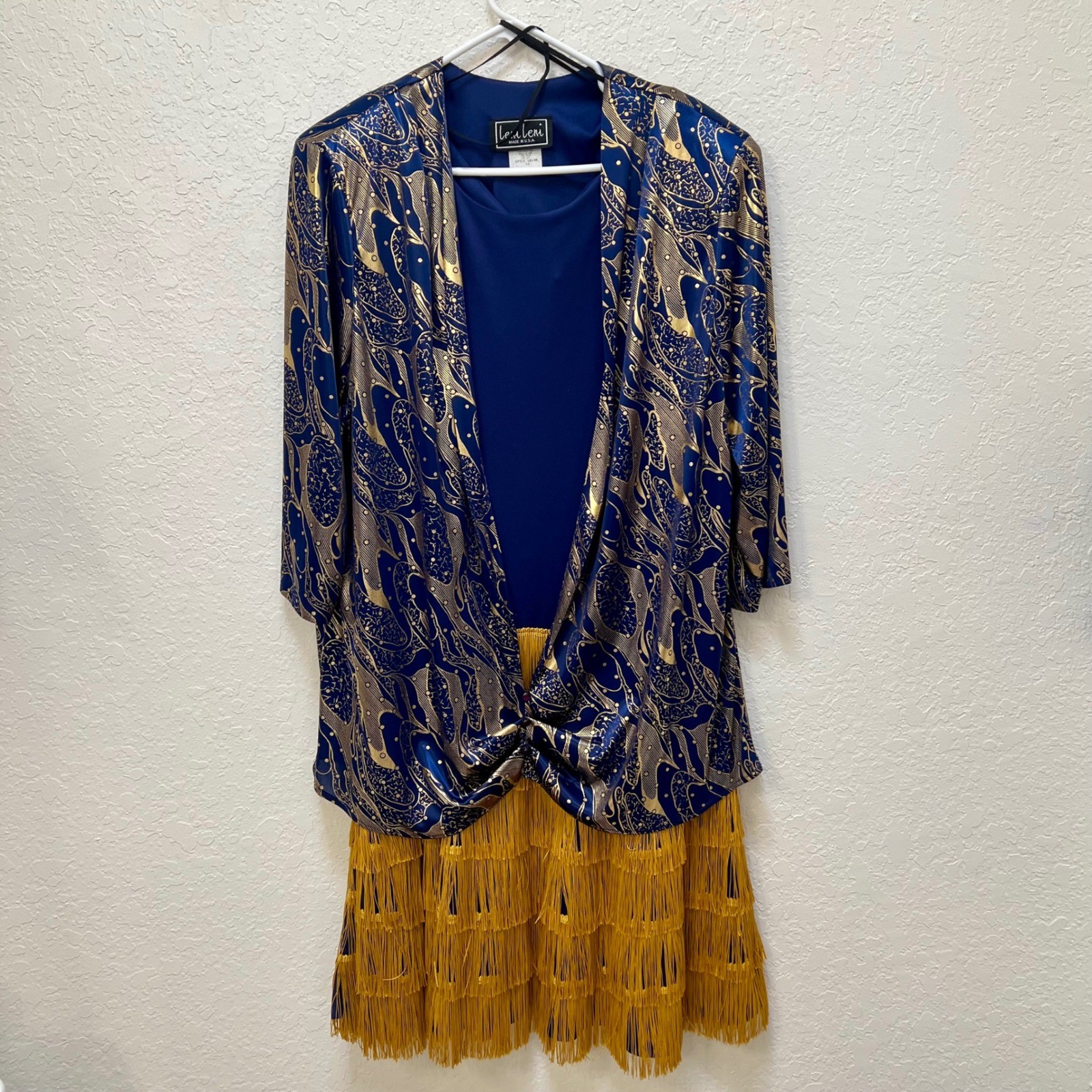 Leni Leni VTG 4pc Flapper Set Blue Gold Fringe Dress Jacket 16 Costume Metallic