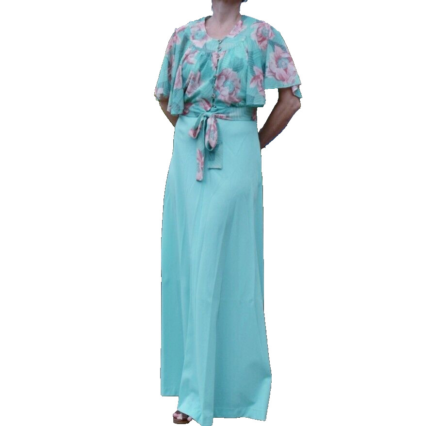 Vtg 70s ALFREDA Maxi Dress Silky Nylon w Capelet Empire Waist Hippie Boho Medium