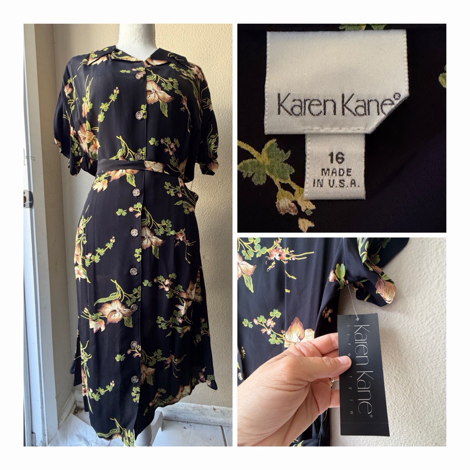NWT Vintage 90s Karen Kane Rayon Rose Dark Floral Shirt Dress 16 Fits L 12 14