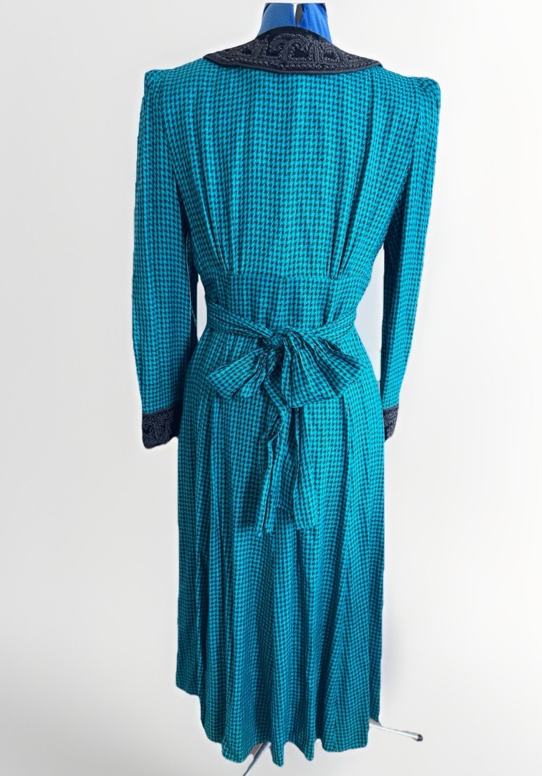 Vintage 80s Sarah Elizabeth Beaded collar Teal Gingham Goth Check Maxi Dress