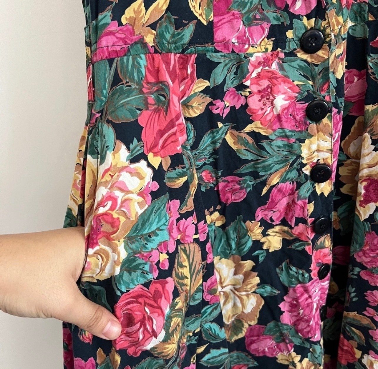 Vintage 90s Floral Button Front Dress Starina Medium Black Fit Flare Cottagecore