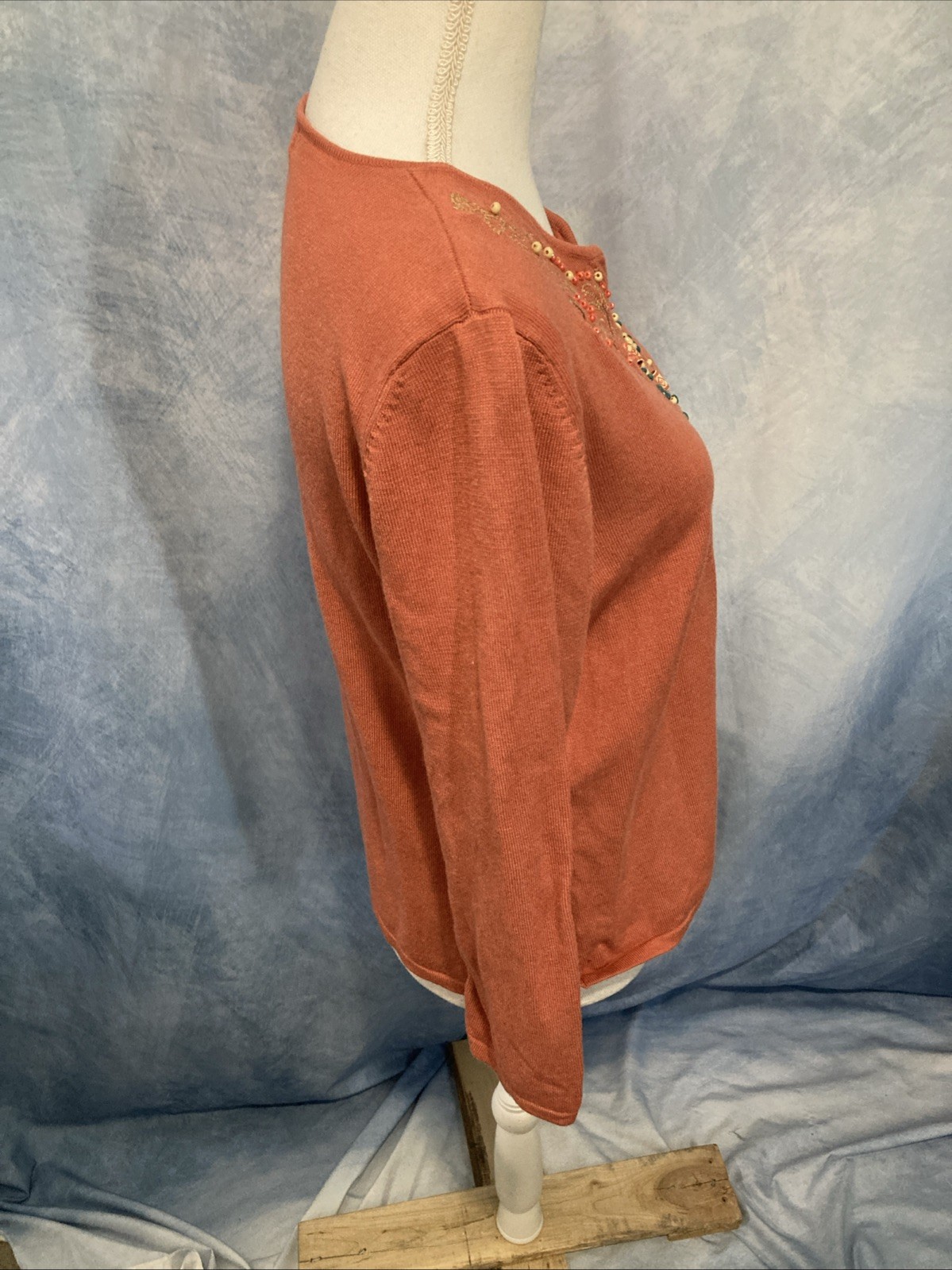 Vintage 90s Carducci Beaded Bib Sweater Top Size L Rust Orange Boho Grandmacore