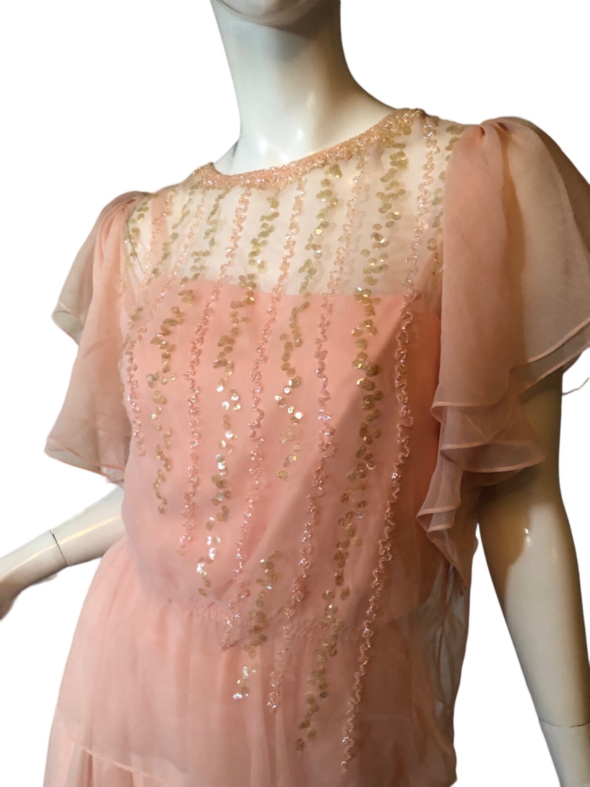 Vtg 70s 80s JACK BRYAN Dress Set 14 M Pink RUFFLE Beaded SEQUIN CHIFFON COQUETTE