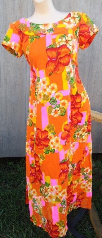 LN VTG 60s Orange Pink Yellow Floral Hawaiian Cotton Dress Penneys Beach Dress