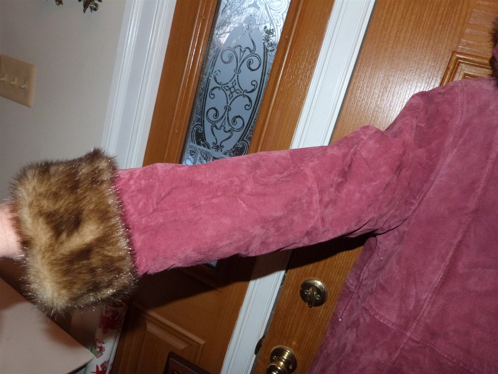 Dennis Basso suede coat vintage 1990s faux fur red Burgundy Maroon wine hood W L