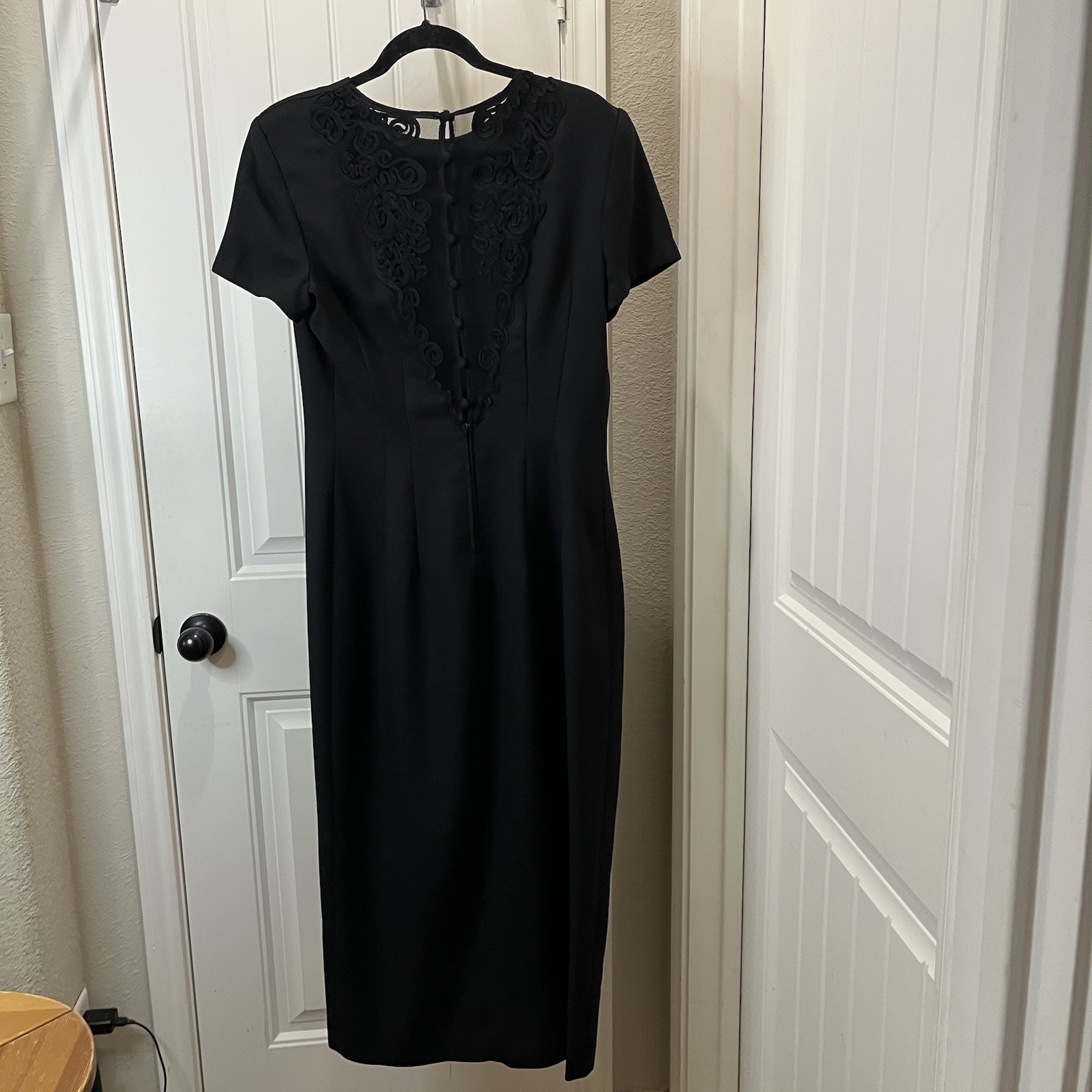 Maggy London By Kenneth Nolan Black Sheer Lace Back Button Zip Midi Dress Sz 14