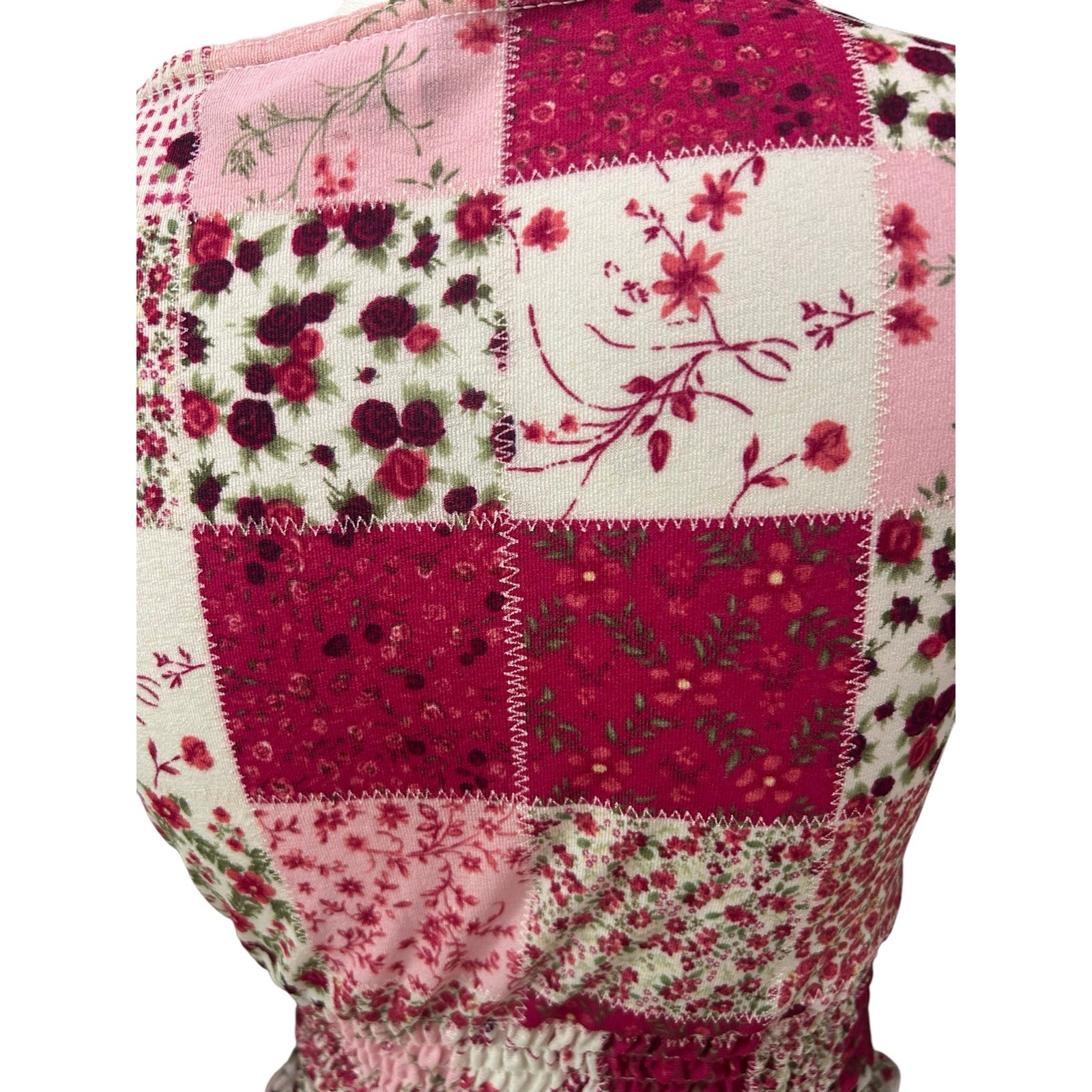 Y2K Pink Patchwork Floral Smocked Crop Top Cottagecore Boho USA Small ^