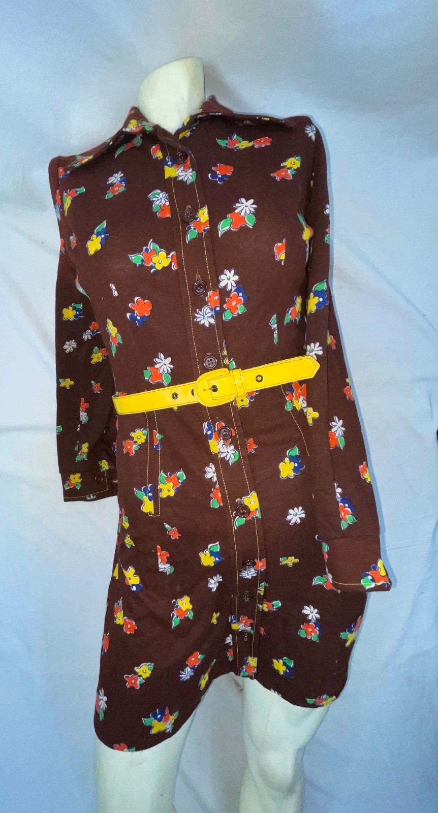 VTG 60S 70 WOMENS BROWN CUTE BABY DOLL MOD GOGO DISCO BUTTON FLOWER PRINT DRESS