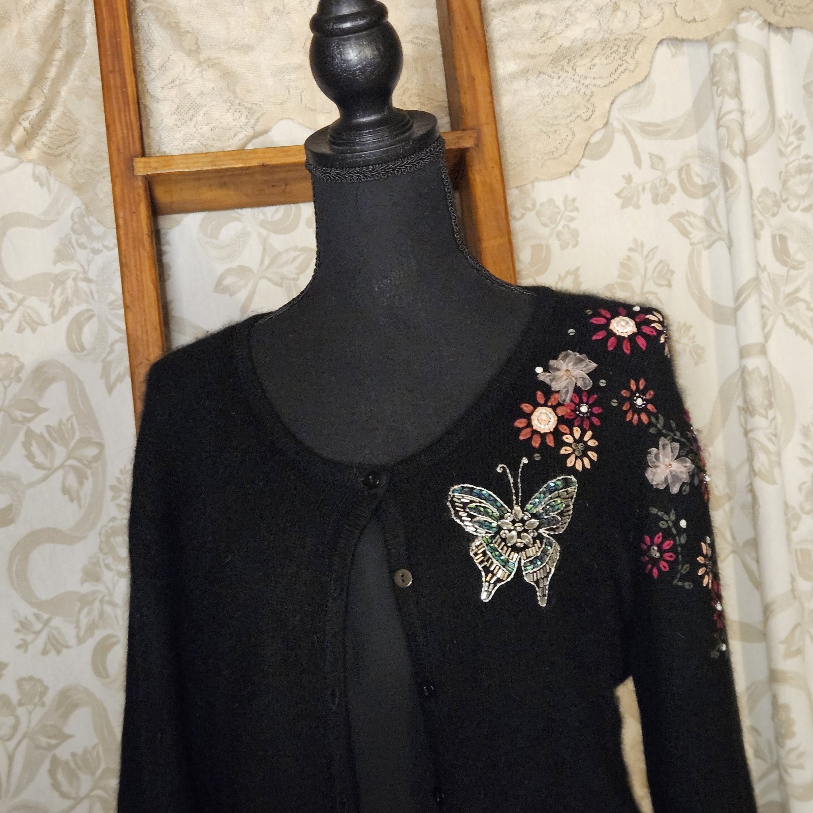 Whimsigoth Embellished Black Angora Cardigan L Butterflies Y2K NOS Fairy Grunge