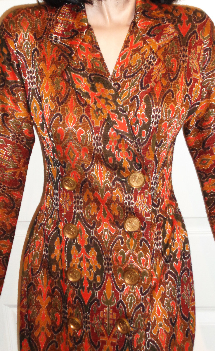 Vintage Brown Orange Gold Knit Dress Double Breasted B34