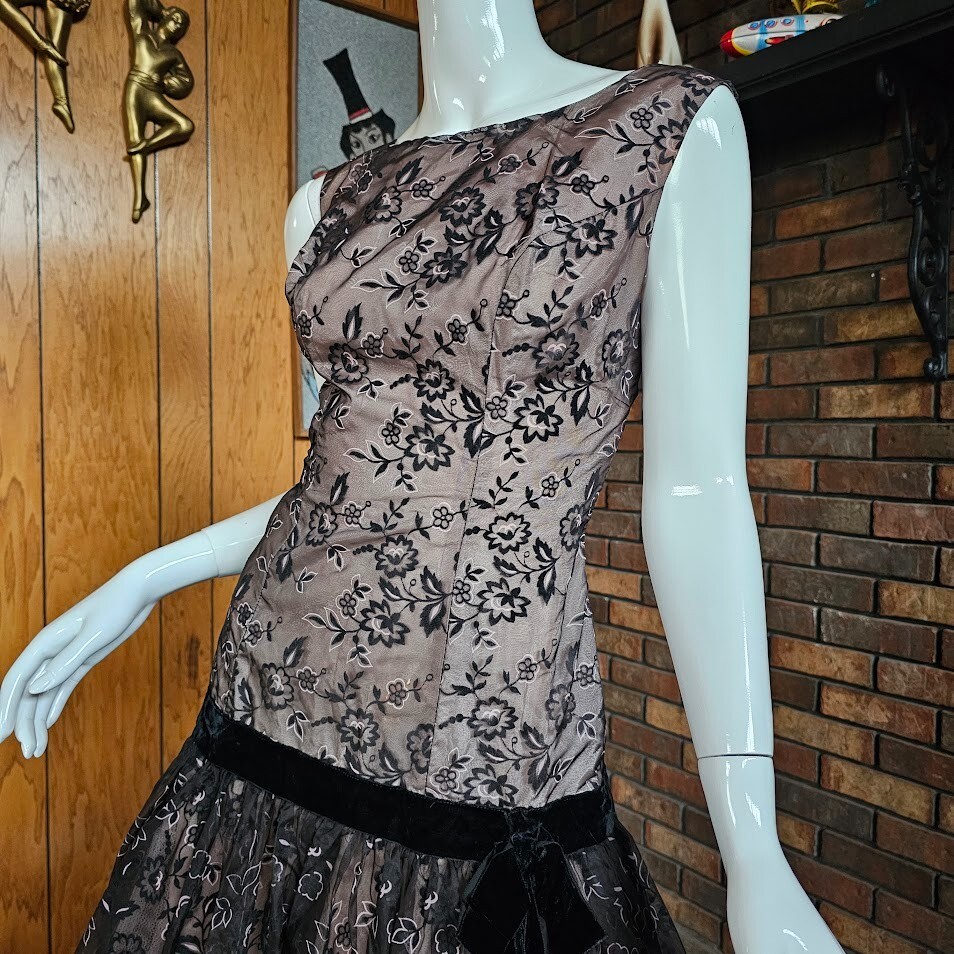 Vtg 50s Flocked Illusion Pink & Black Drop Waist Bubble Prom Cocktail Dress S/M