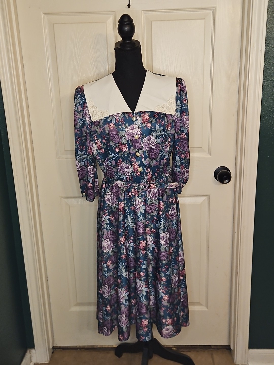 Cottagecore Vtg 80s Whirlaway Frocks Dark Floral Midi Dress 16P Prairie Modest