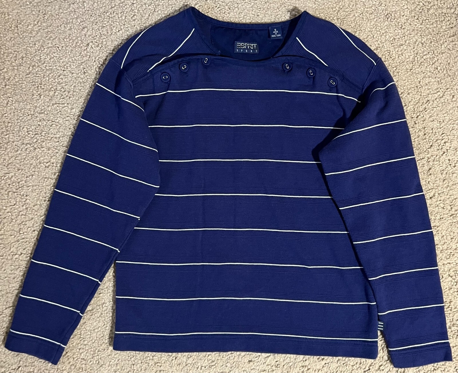 VTG Esprit Blue White Striped Buttons Pullover Long Sleeve Shirt Women’s Small