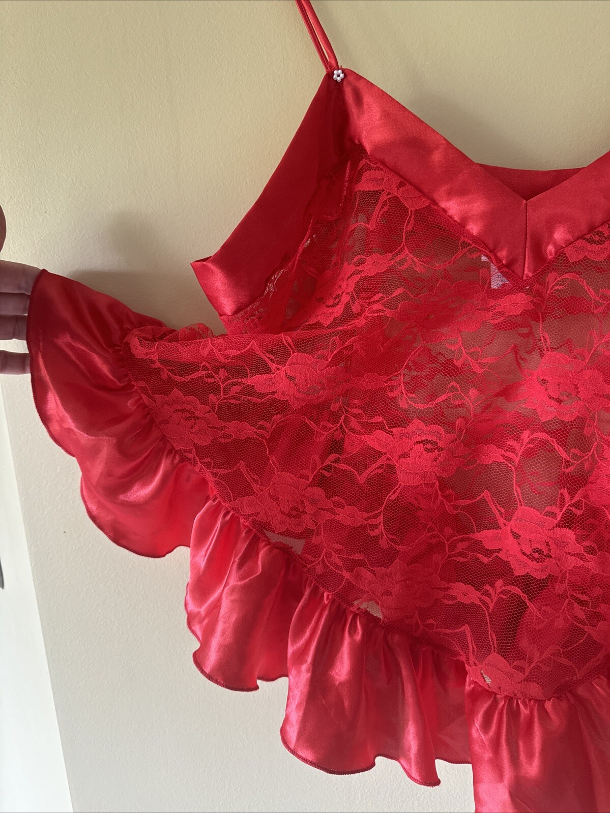 Sexy Red Vintage ADONNA Silky Lace Tank Flare Cami LACE Size L