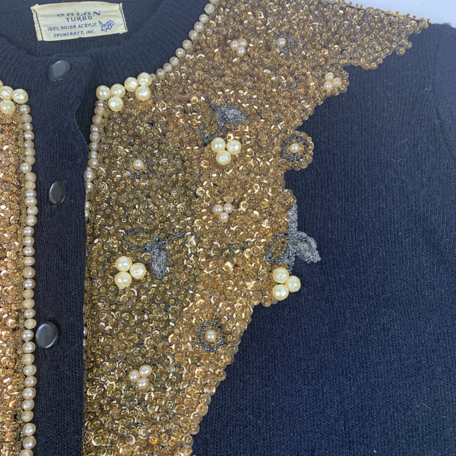 1960’s Orlon Turbo By Spuncraft Inc Black Sweater Gold Sequins, Small Sparkly