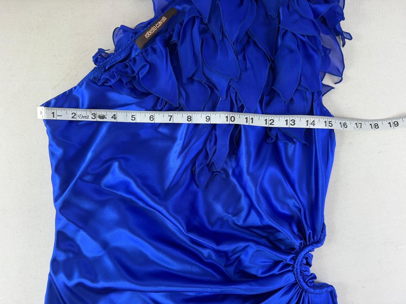 Vintage ROBERTO CAVALLI One Shoulder Silk Dress 46 10 US Blue Ruffle Detail