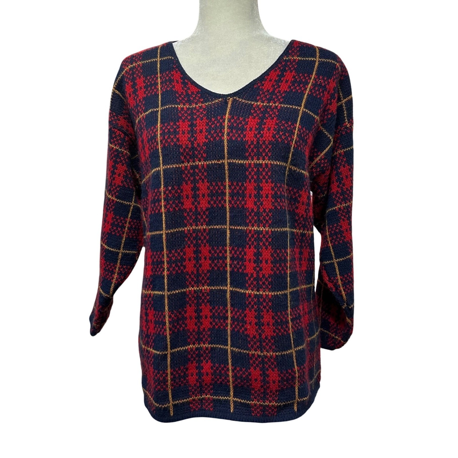 Vtg 90s Womens Grandmacore Pullover Plaid Sweter Long Sleeve Sz L Dark Acdemia