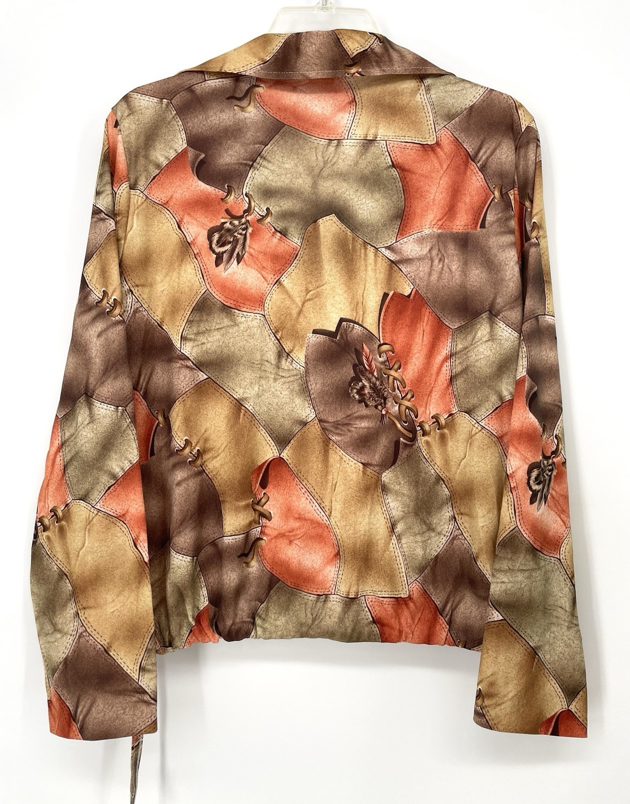 Vintage 1970s Whipstitch Leather Patchwork Feather Print Hippie Blouse Top Shirt