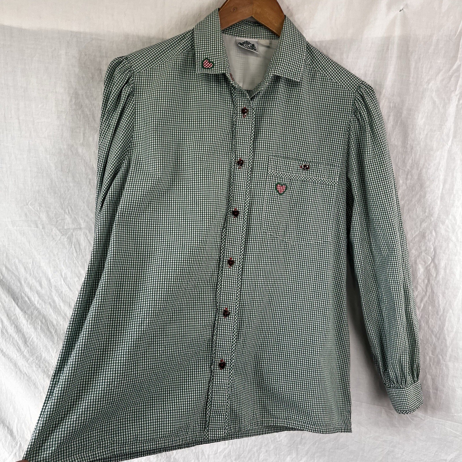 Hammerschmid Vintage Gingham Shirt Women Medium German Cotton Blouse Hearts Cute