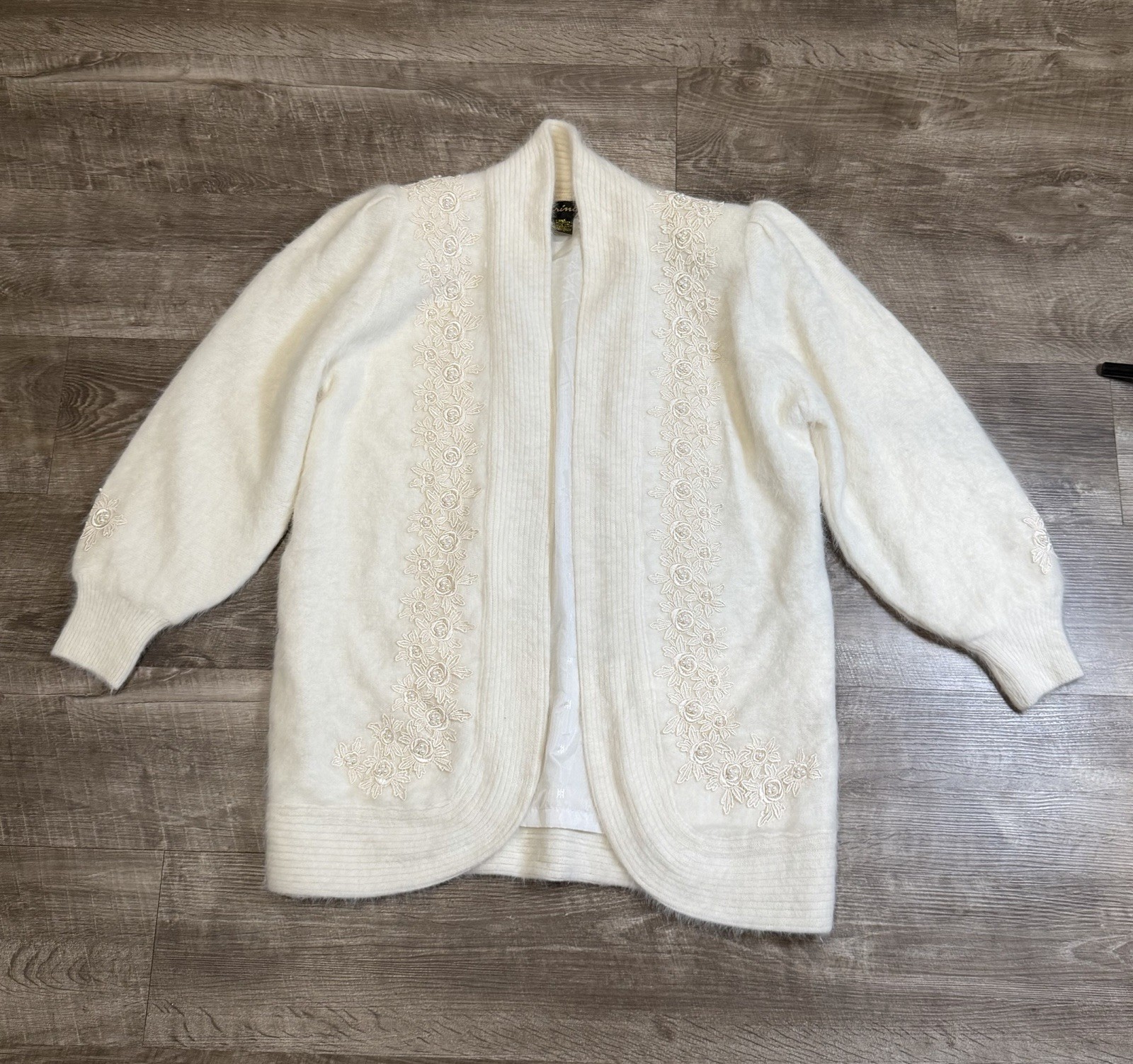 CARINA Vintage 80’s Angora Rabbit Coat Floral Beaded Cardigan Large Soft Cottage