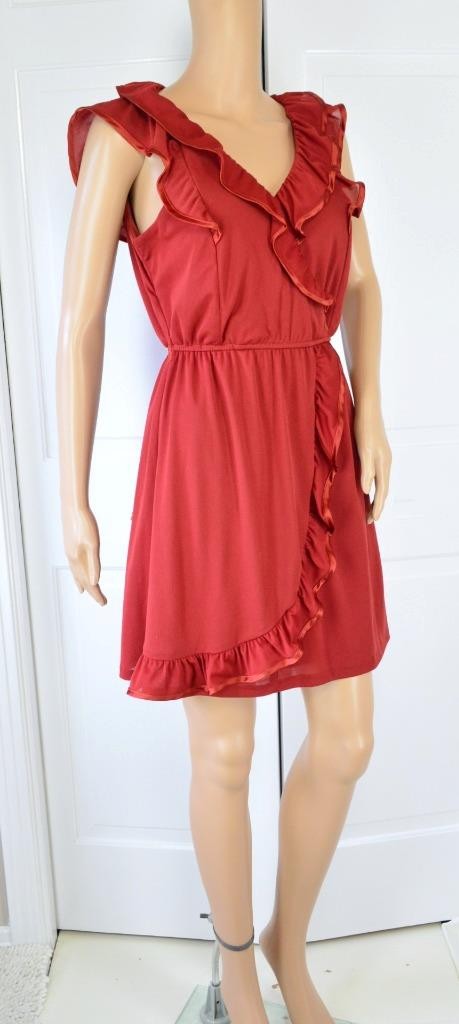 VTG 80s Teeze Me Burnt Orange Mini Sheer Mesh Salsa Flutter Ruffle Deep V Dress
