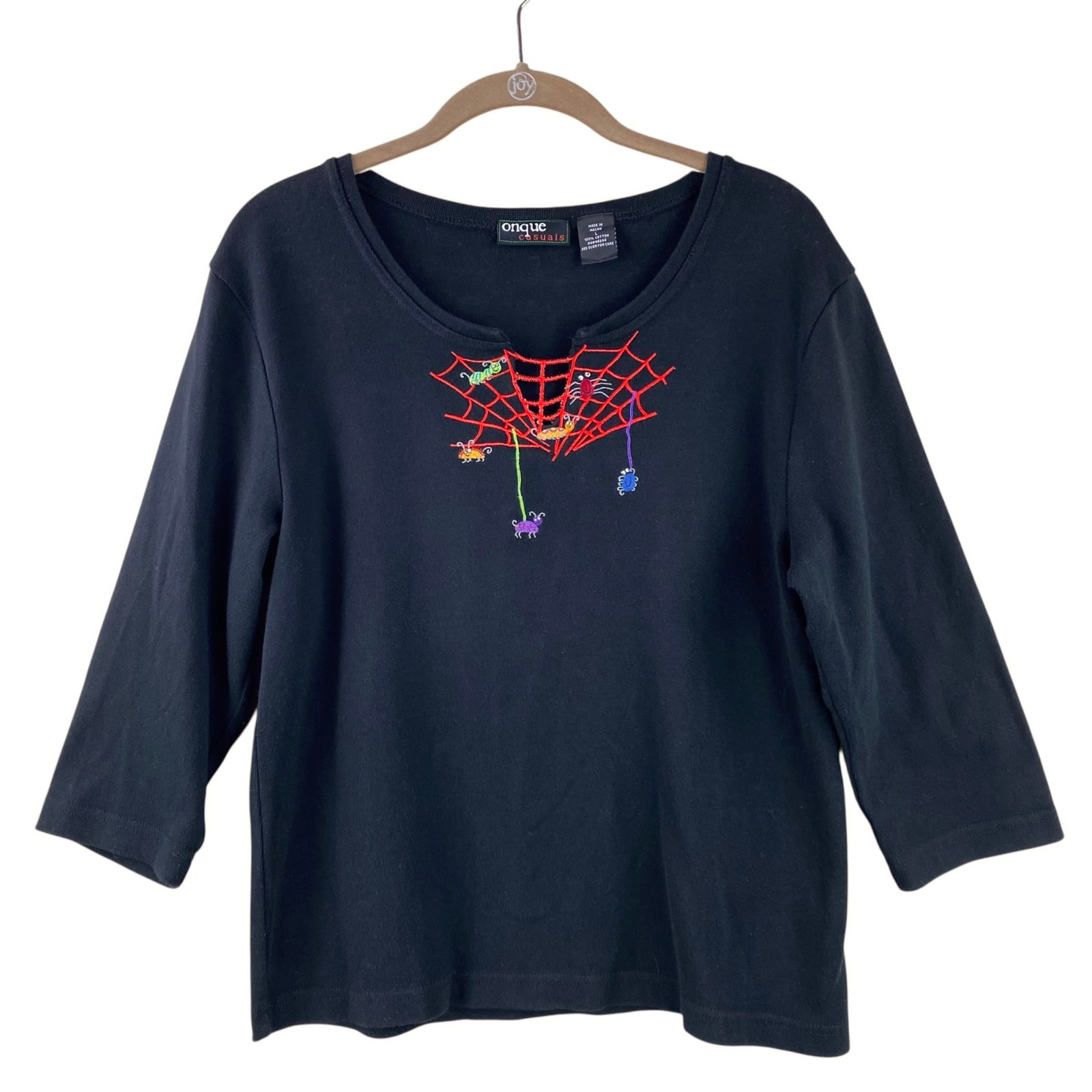 Vintage Spider Web Embroidered T-Shirt Size L Black Halloween