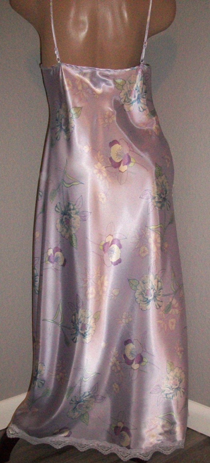 Vtg Purple Lilac Floral Long Shiny Satin Nightgown M