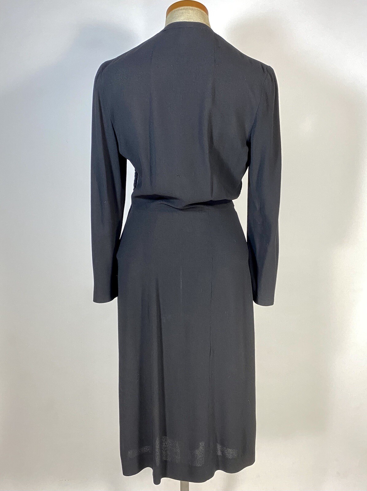 Vintage 1940’s black wool crepe dress with neckline tie & beading embellishment