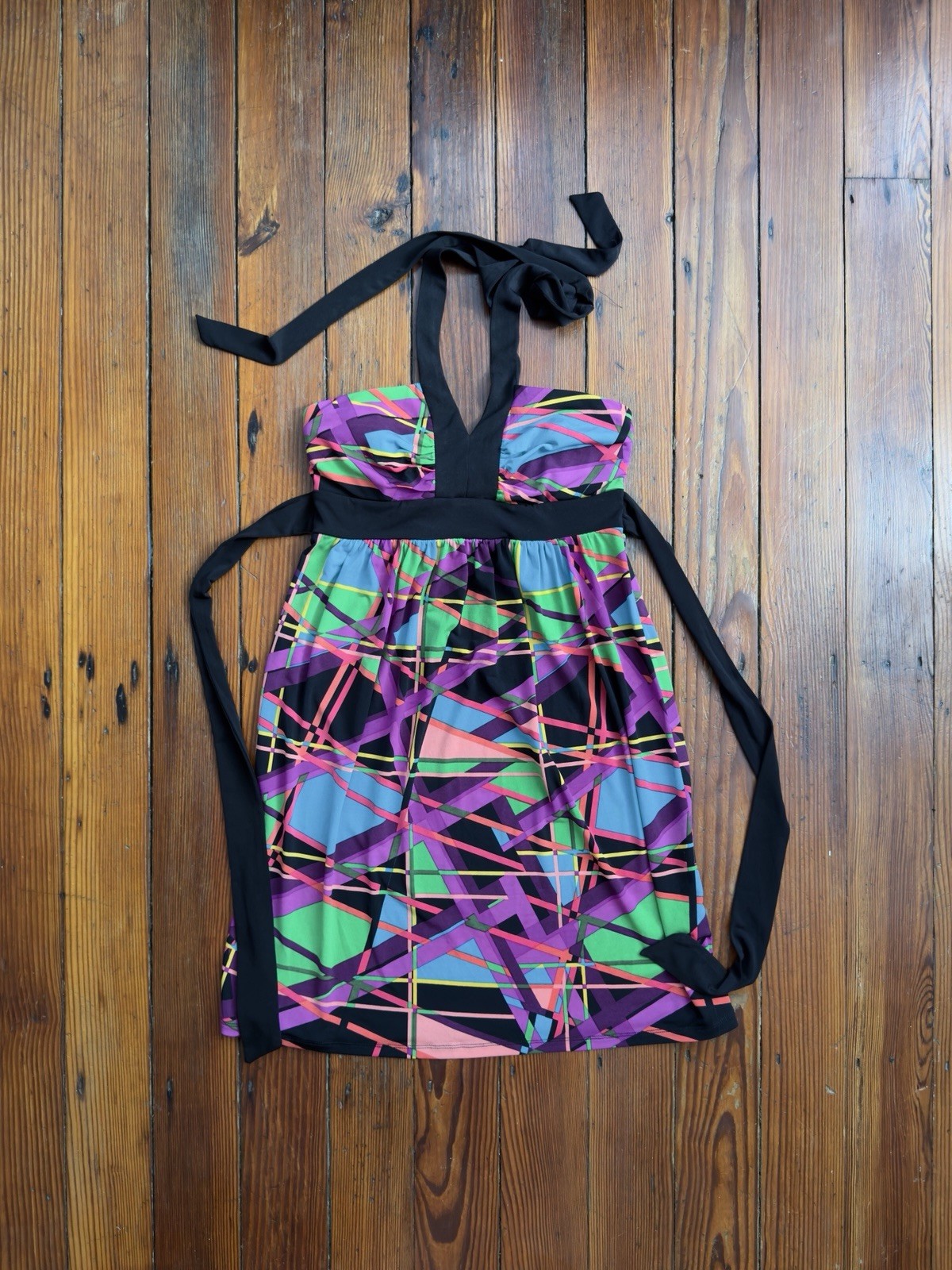 Vintage 00s y2k City Triangles sleeveless halter dress black multicolor