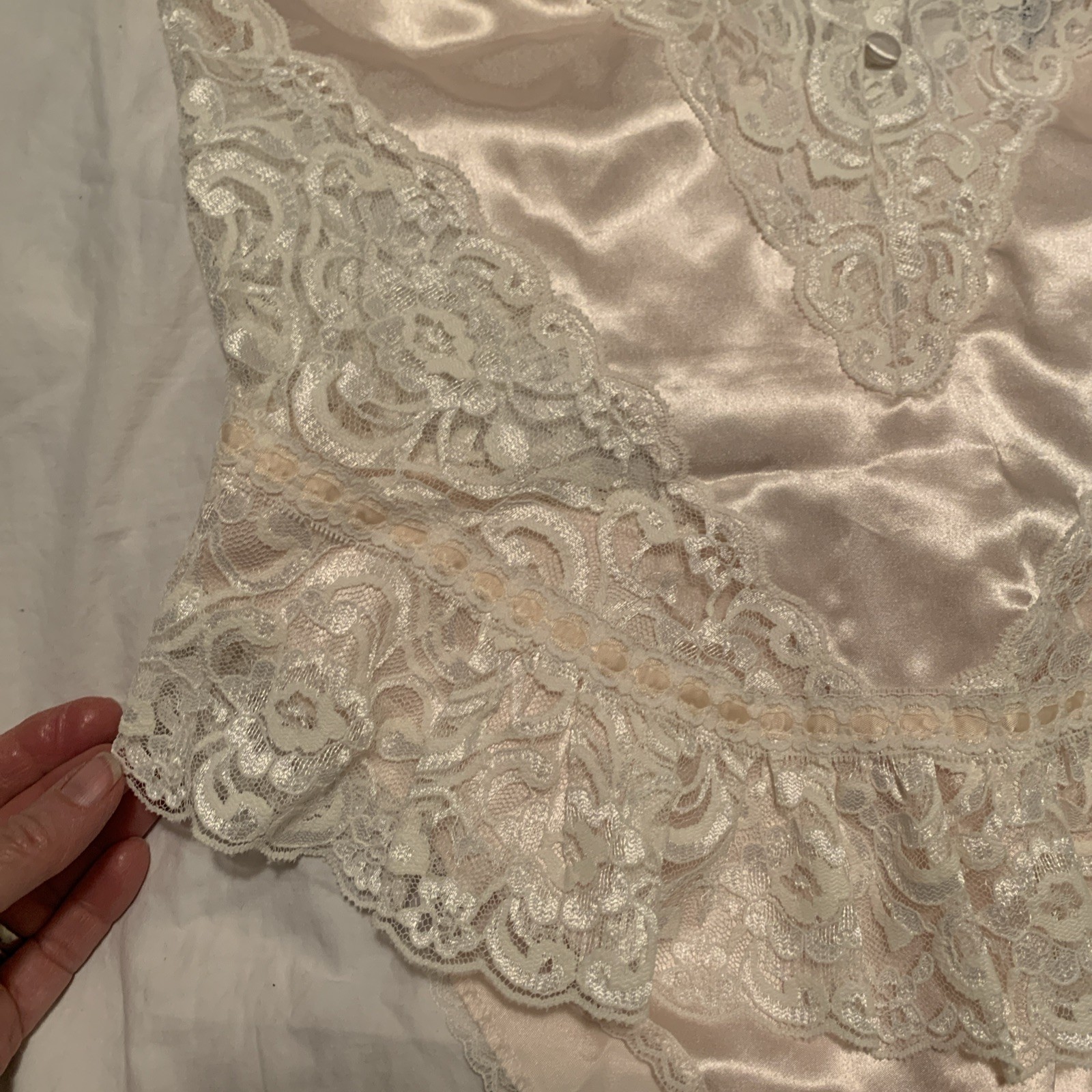 Vintage Dead Stock Lily Of France Teddy Medium Peach Satin Ivory Lace 1980’s