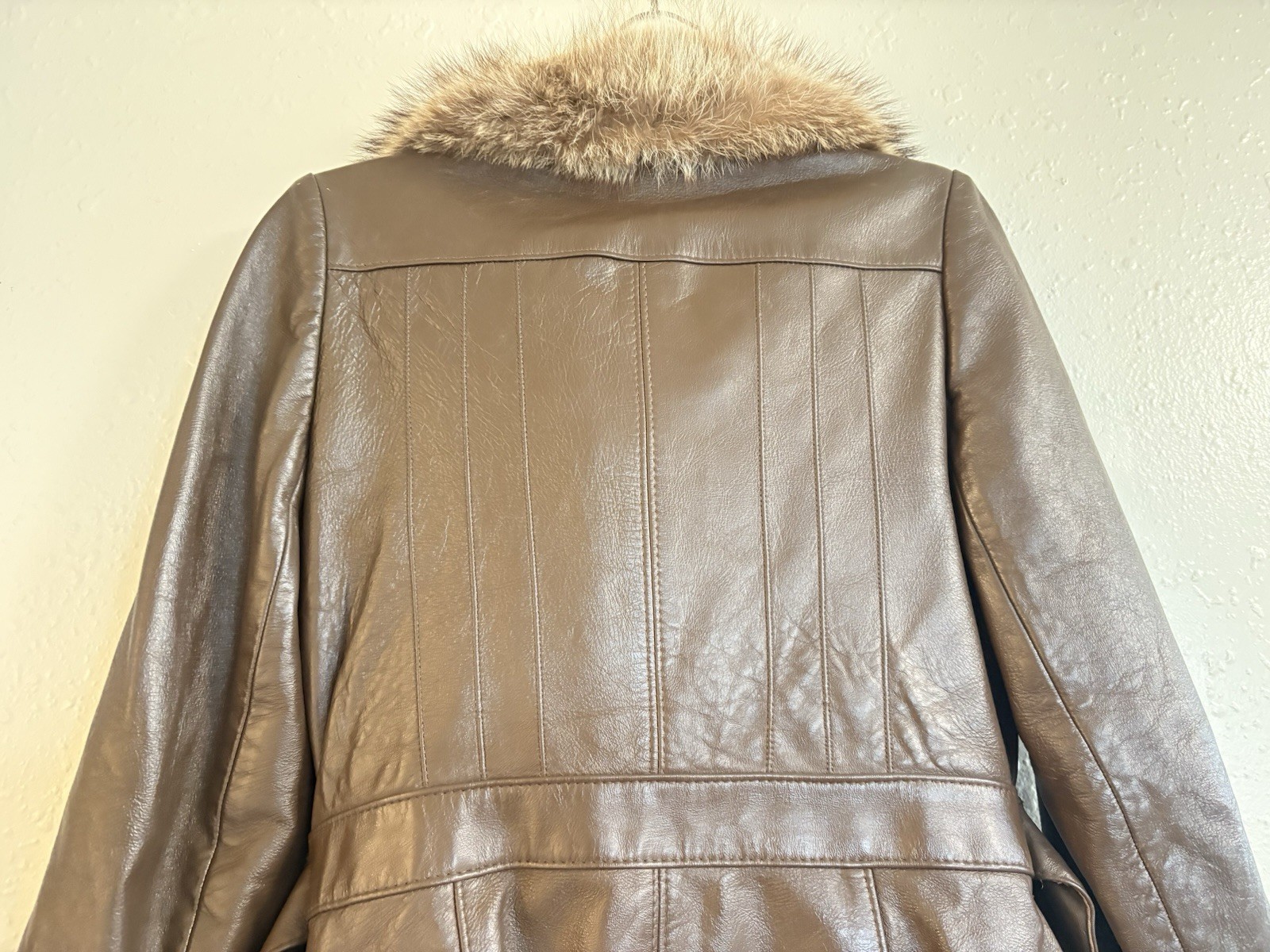 70s Womens S Raccoon Fur Brown Leather Peter Caruso Belted Jacket Coat Vintage