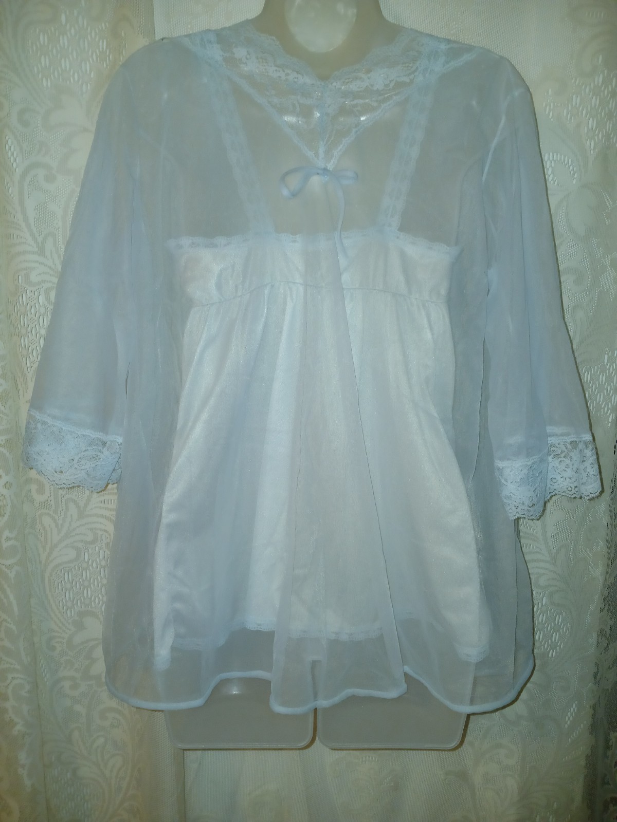Vintage 70s Blue Sheer Chiffon Nylon Lace Nighty Peignoir Robe Lingerie Set XS