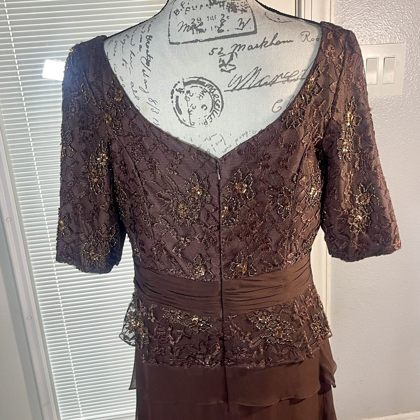 Camila Elbaz Vtg Mother Of The Bride Lace Sequin Ruffled Tier Spain Silk Dress