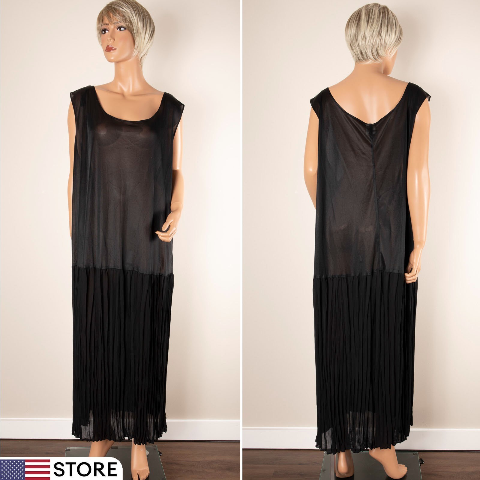 💖 Vintage Black Maxi Slip Dress Chiffon Pleated Skirt Nylon Sheer Bodice 34W